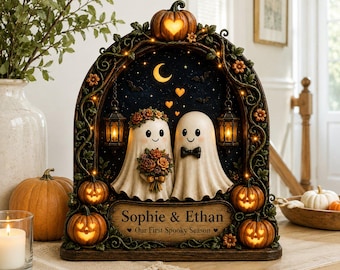 Letrero de madera personalizado para pareja de fantasmas de Halloween, decoración de amor espeluznante con nombres y fecha personalizados, regalo de aniversario de boda con calabazas