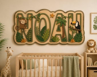 Decoración de madera con capas de la jungla tropical para el nombre del bebé, letrero personalizado de perezoso para la habitación del bebé, letras personalizadas para niños con temática de safari y animales tropicales.