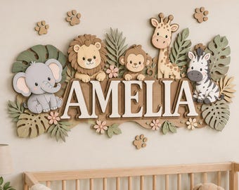Safari Animal Wooden Wall Decor, Personalized Name Sign for Nursery, Custom Baby Name Sign, Jungle Baby Room Decor, Baby Shower Gift
