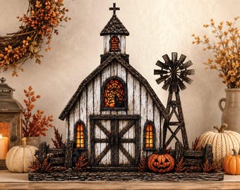 Fall Farmhouse Shelf Sitter, Pumpkin Cottage Table Decor, Autumn Village 2D Flat Wooden Sign, Cozy Harvest Home Gift