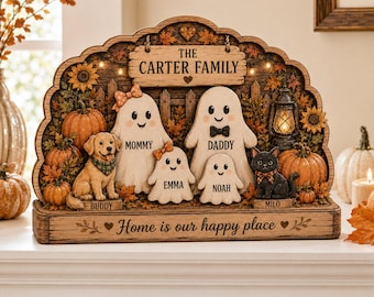 Placa de madera personalizada de Halloween para familia fantasma, decoración rústica de otoño, bloque con el nombre de Boo Crew, decoración de regalo de Halloween, letrero de madera de calabaza fantasma