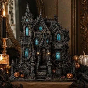 Könnte beinhalten: Ein dunkles, gotisches Miniatur-Herrenhausmodell namens Moonveil Manor mit komplexen architektonischen Details, leuchtend blauen Fenstern und einem schwarzen Raben auf dem Dach. Das Gebäude ist von einem schmiedeeisernen Zaun und kleinen Kürbissen umgeben.