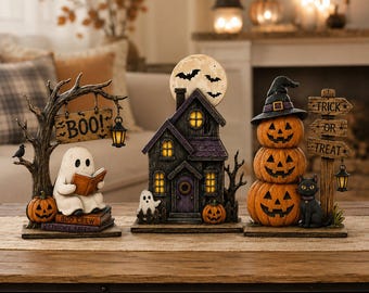 Decoración de madera vintage de Halloween para interiores, decoración de otoño, bloque de madera retro para decoración de estantes, fantasma, gato negro, calabaza, regalo de Halloween
