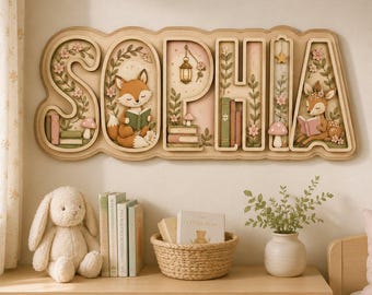 Fox Reading Book Personalized Storybook Letters Name Sign, Wooden Nursery Name, Reading Corner Baby Room Decor, Woodland Animal Wall Sign
