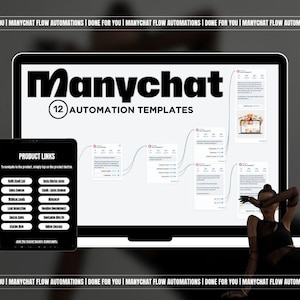 Peut inclure: Un ordinateur portable et une tablette affichent des modèles d'automatisation Manychat. L'écran de l'ordinateur portable affiche le logo Manychat et "12 Modèles d'automatisation". La tablette affiche des liens de produits. Le fond est sombre.