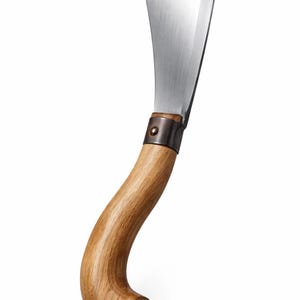 May include: A curved, stainless steel blade with a wooden handle. The blade is wide and slightly curved, with a polished finish. The handle is made of light-colored wood and has a curved, ergonomic design. The blade is attached to the handle with a metal band.