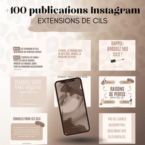 Peut inclure: Image promotionnelle pour les extensions de cils, présentant une collection de publications Instagram. Les publications incluent du texte sur l'entretien des cils, des conseils et la prise de rendez-vous. La palette de couleurs est neutre, avec des tons beiges et bruns.