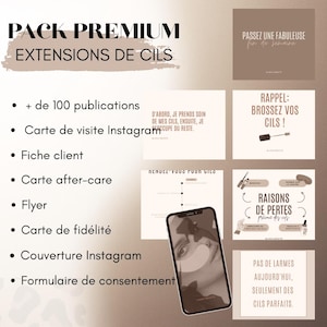 Peut inclure: Un pack promotionnel pour les extensions de cils, comprenant divers supports marketing. L'image présente une liste d'éléments, tels que des cartes de visite Instagram, des fiches clients et des flyers. D'autres cartes avec du texte et un smartphone sont également visibles.