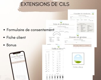 Puede incluir: Una colección de documentos relacionados con extensiones de pestañas, incluyendo formularios de consentimiento, perfiles de clientes y un dossier de gestión. La imagen también presenta un smartphone mostrando un dossier y una tabla de estilos de pestañas. El texto incluye "Fiche de consentement" y "Extensions de cils."