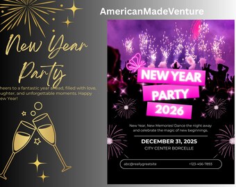 Modello per festa di Capodanno 2026, invito modificabile, biglietto di auguri stampabile, download immediato