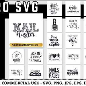 Op de afbeelding: Een verzameling van 20 SVG-ontwerpen voor nail art. De ontwerpen bevatten zinnen als "Nail Hustler", "I love my nails" en "Nails before males". De ontwerpen zijn in zwart en wit met een luipaardprint.