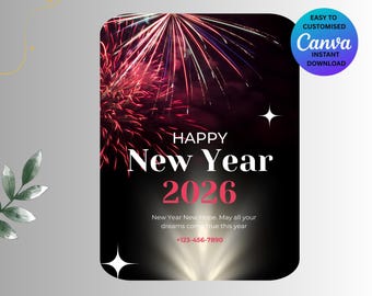 Modello per festa di Capodanno 2026, invito modificabile, biglietto di auguri stampabile, download immediato