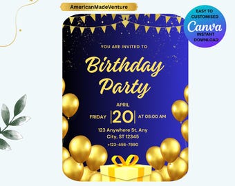 Könnte beinhalten: Eine blaue und goldene Geburtstagseinladung mit goldenen Luftballons und einer Geschenkbox. Der Text lautet "Birthday Party" mit Datum, Uhrzeit und Ort. Enthält den Text "Easy to Customised Canva Instant Download".
