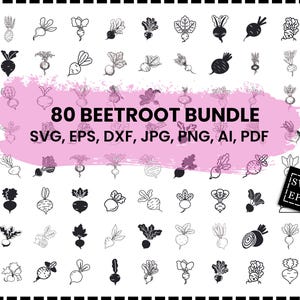 May include: A collection of 80 beetroot illustrations in various styles, both outlined and solid, in black and white. The text "80 BEETROOT BUNDLE" is displayed on a pink background, with file format options below. A black and white tag shows file types.