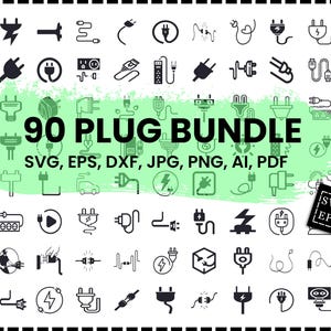 May include: A collection of 90 black and white plug icons in various designs. The text "90 PLUG BUNDLE" is displayed in large, bold letters, with file format options listed below. A small tag in the bottom right corner lists file types.