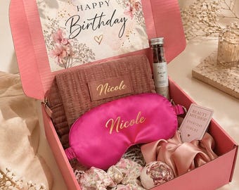 Birthday Gift Box Personalized Women Relaxation Set Custom Name Sleep Mask Silk Scrunchie