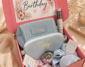 Birthday Gift for Women Personalized Box Relaxation Set Custom Name Sleep Mask Silk Scrunchie