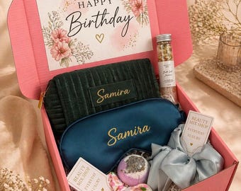 Birthday Gift Box for Women Personalized Relaxation Set Custom Name Sleep Mask Silk Scrunchie