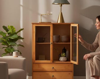 Retro Bamboo Kitchen Storage Cabinet, Sliding Acrylic Doors