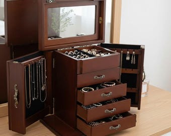 Wooden Jewelry Box with Mirror, 4 Drawer Vintage Organizer