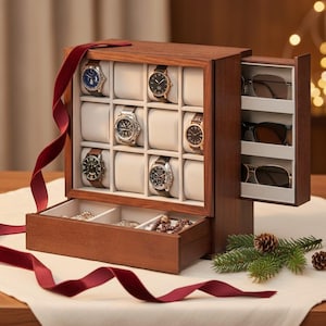 12-Slot Wooden Watch Box, Sunglasses & Jewelry Organizer