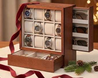 12-Slot Wooden Watch Box, Sunglasses & Jewelry Organizer