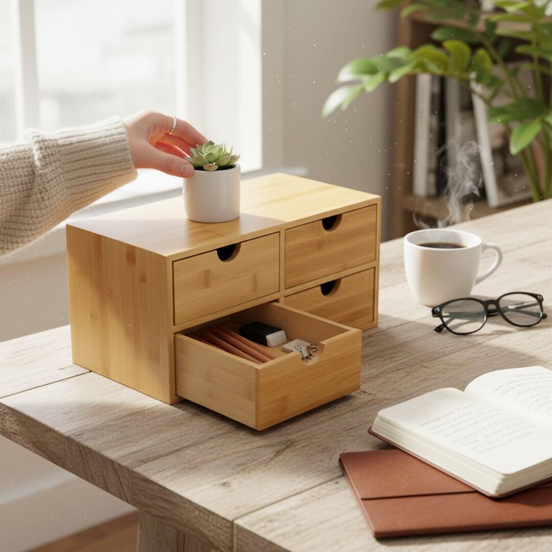 Bamboo Desktop Organizer With 4 Drawers, Minimalist Office Decor - Etsy