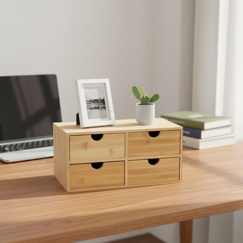 Bamboo Desktop Organizer With 4 Drawers, Minimalist Office Decor - Etsy