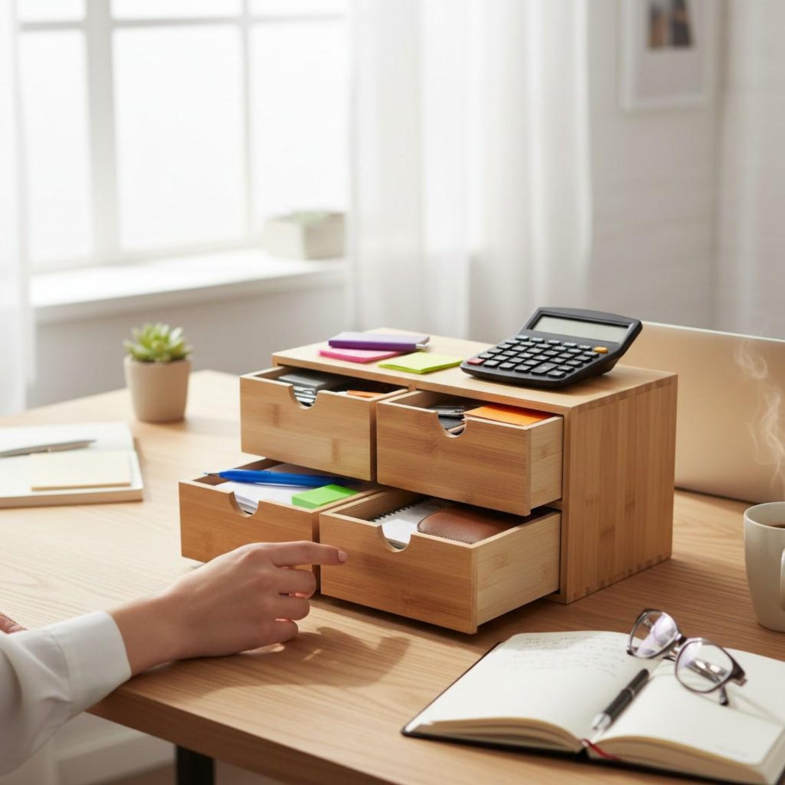 Bamboo Desktop Organizer With 4 Drawers, Minimalist Office Decor - Etsy