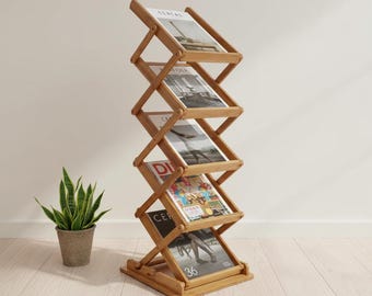 Wooden Pop-Up Literature Rack, Foldable Portable Magazine & Brochure Display Holder, 5 Pocket