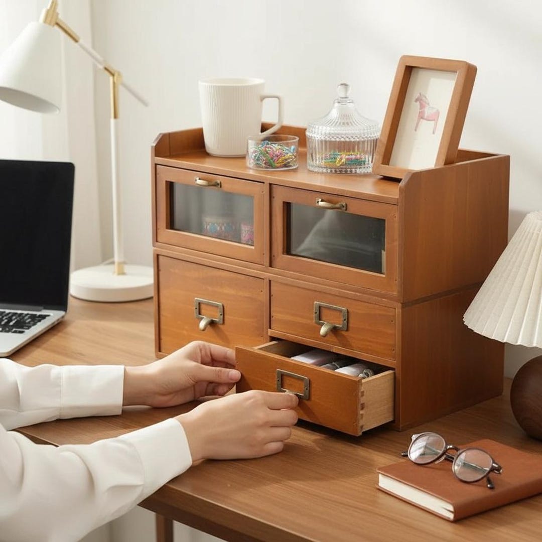 Retro Pine Wood Desktop Organizer, Office Desk Storage With Drawers - Etsy