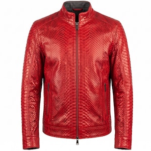Rood rundleren bikerjack met python-reliëf voor heren – slim fit designer motorstijl