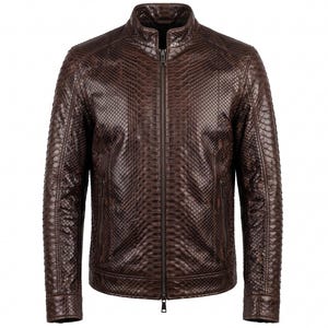 Men's Embossed Python Leather Biker Jacket – Slim Fit Motorcycle Style Brown