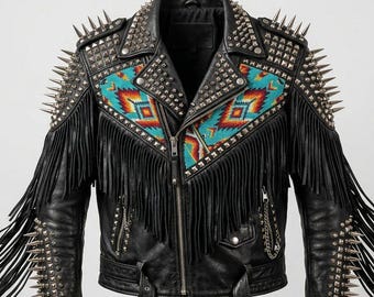 Veste en cuir pour homme, patchwork de perles faites main, style motard à pointes et franges