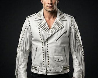 Men's Leather Fringe Biker Jacket with Studs, Punk Moto Streetwear Coat