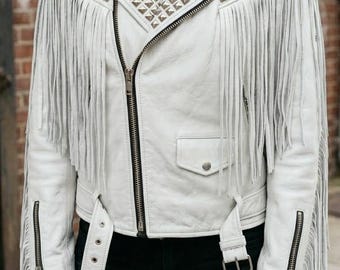 White Leather Brando Jacket with Studs, Spikes, Fringe Accents, Edgy Punk Moto