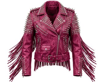 Studded Leather Fringe Biker Jacket, Punk Rock Moto Streetwear Coat