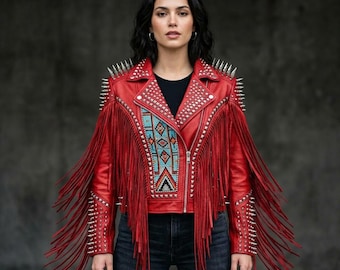 Veste en cuir avec empiècement perlé fait main, clous, pointes, franges, streetwear motard