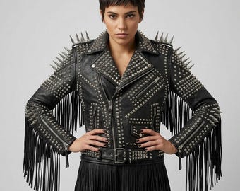 Women's Studded Leather Fringe Biker Jacket, Punk Rock Streetwear Style
