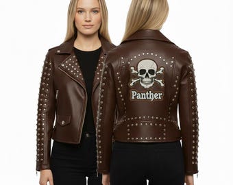 Women's Genuine Leather Biker Jacket | Brown "Panther" Embroidery