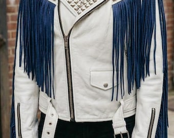 Women's Two-Tone Leather Brando Jacket with Studs, Spikes, Fringe Accents
