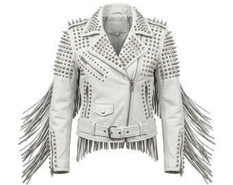 Women's Studded Leather Fringe Biker Jacket, Punk Rock Moto Streetwear Coat