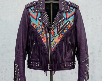 Blouson motard en cuir pour homme, patchwork de perles fait main, clous cloutés, franges