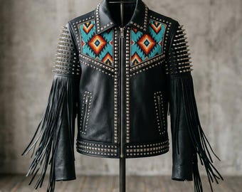 Veste en cuir pour homme faite main, patchwork de perles, clous, pointes, détails franges, streetwear motard