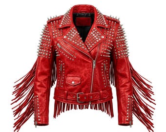 Studded Leather Fringe Biker Jacket, Punk Rock Moto Streetwear Coat