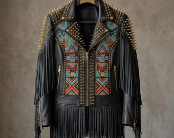 Veste en cuir perlée faite main avec clous, pointes, franges Mode motard punk