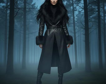 May include: A long, black leather coat with a fur collar and cuffs. The coat is belted at the waist and worn with black boots. The background is a misty forest with tall trees.