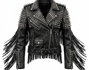 Studded Leather Fringe Biker Jacket, Punk Rock Moto Streetwear Coat
