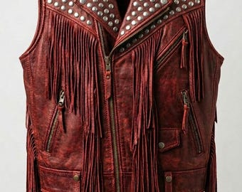 Women's Leather Fringe Studded Moto Vest, Punk Rock Streetwear Statement