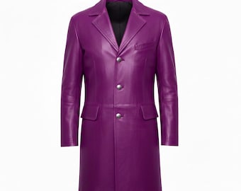 Handmade Purple Leather Trench Coat – Men’s Overcoat